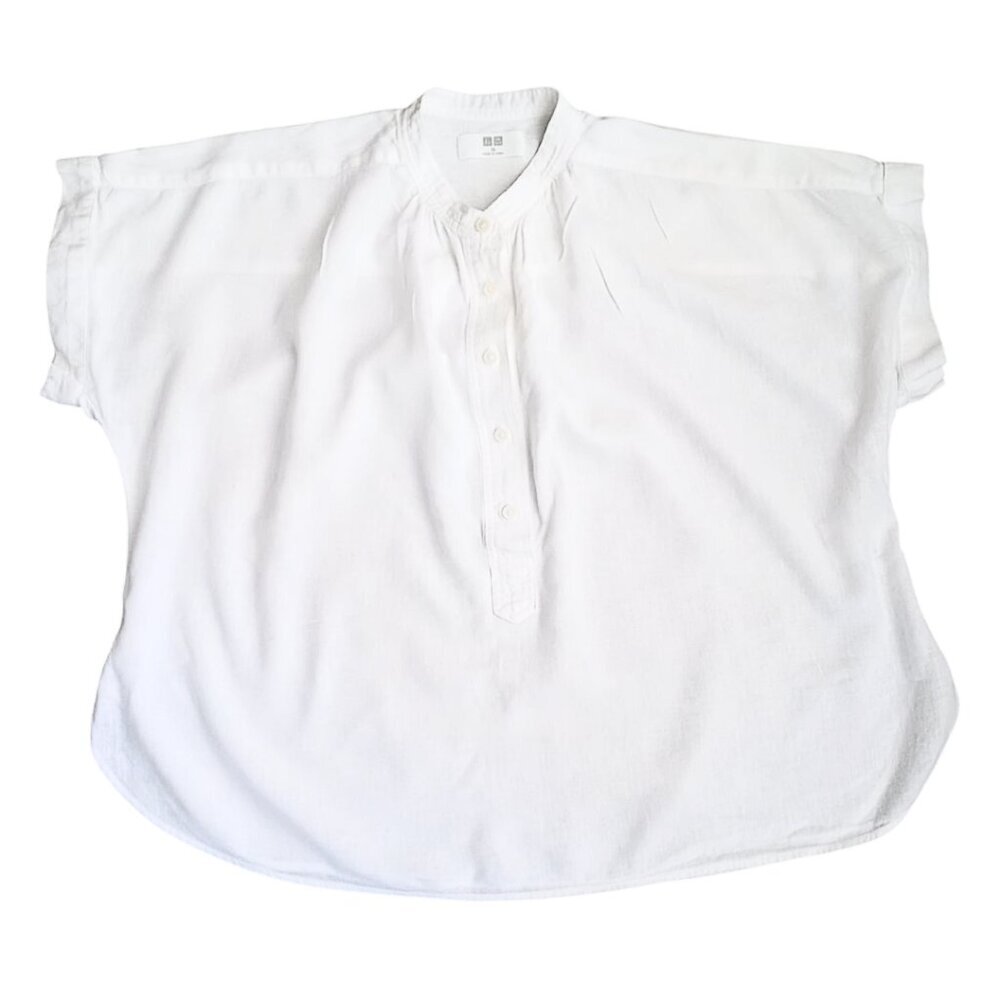 Uniqlo White Linen Blend Women’s Blouse – Short Sleeve Button Front Top, Size XS